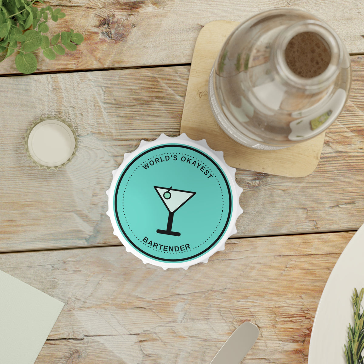 Bottle Opener — “World’s Okayest Bartender” Round Magnet Opener
