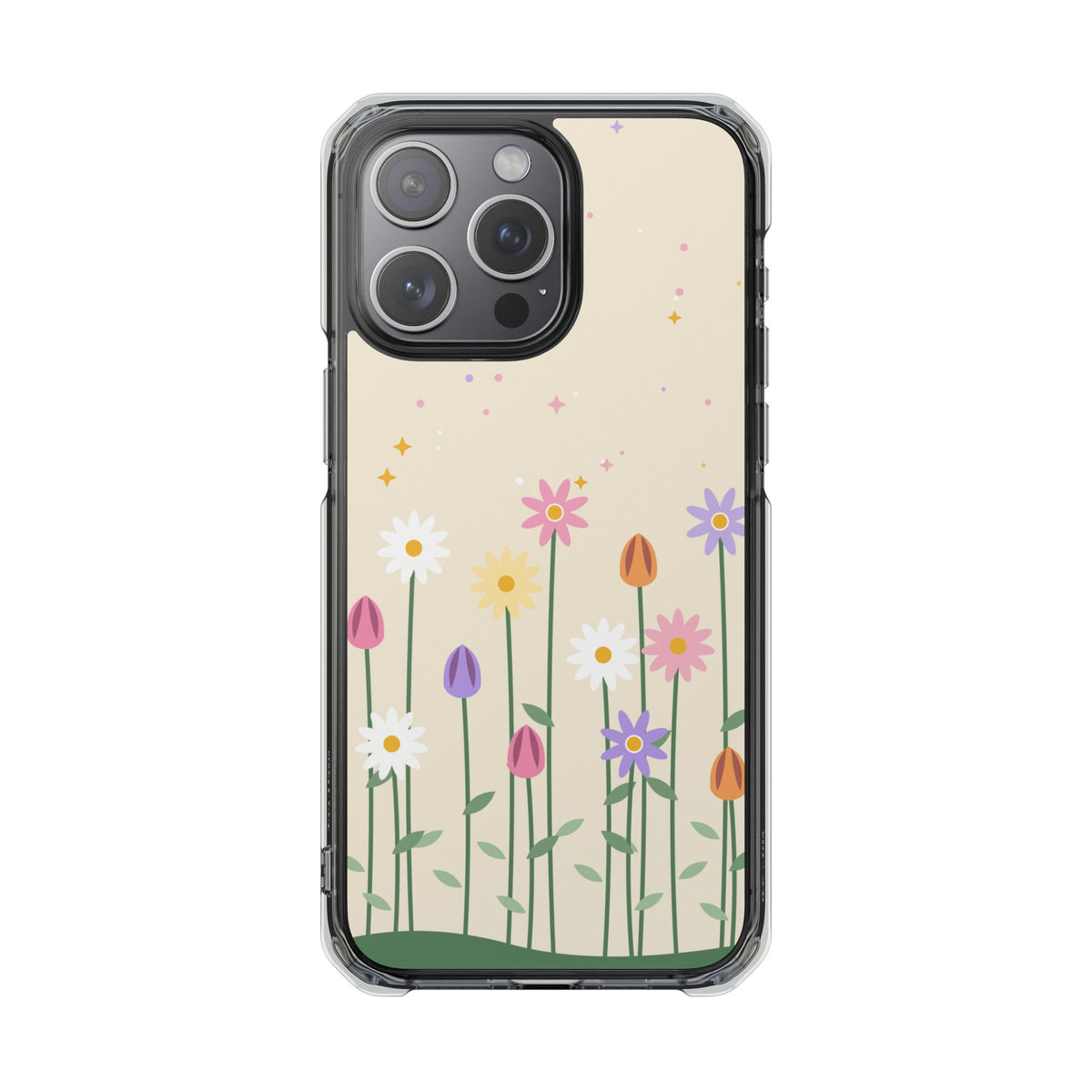 Magnetic phone case with pastel wildflower garden design, product photo 4