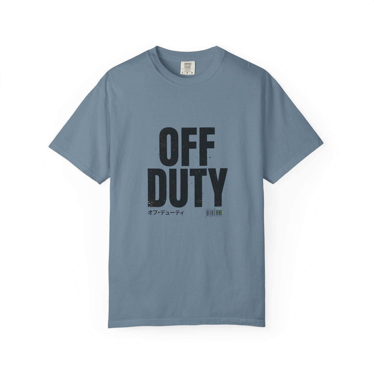 OFF DUTY Graphic T-Shirt, ice blue, flat lay front view showing the bold distressed OFF DUTY text print.
