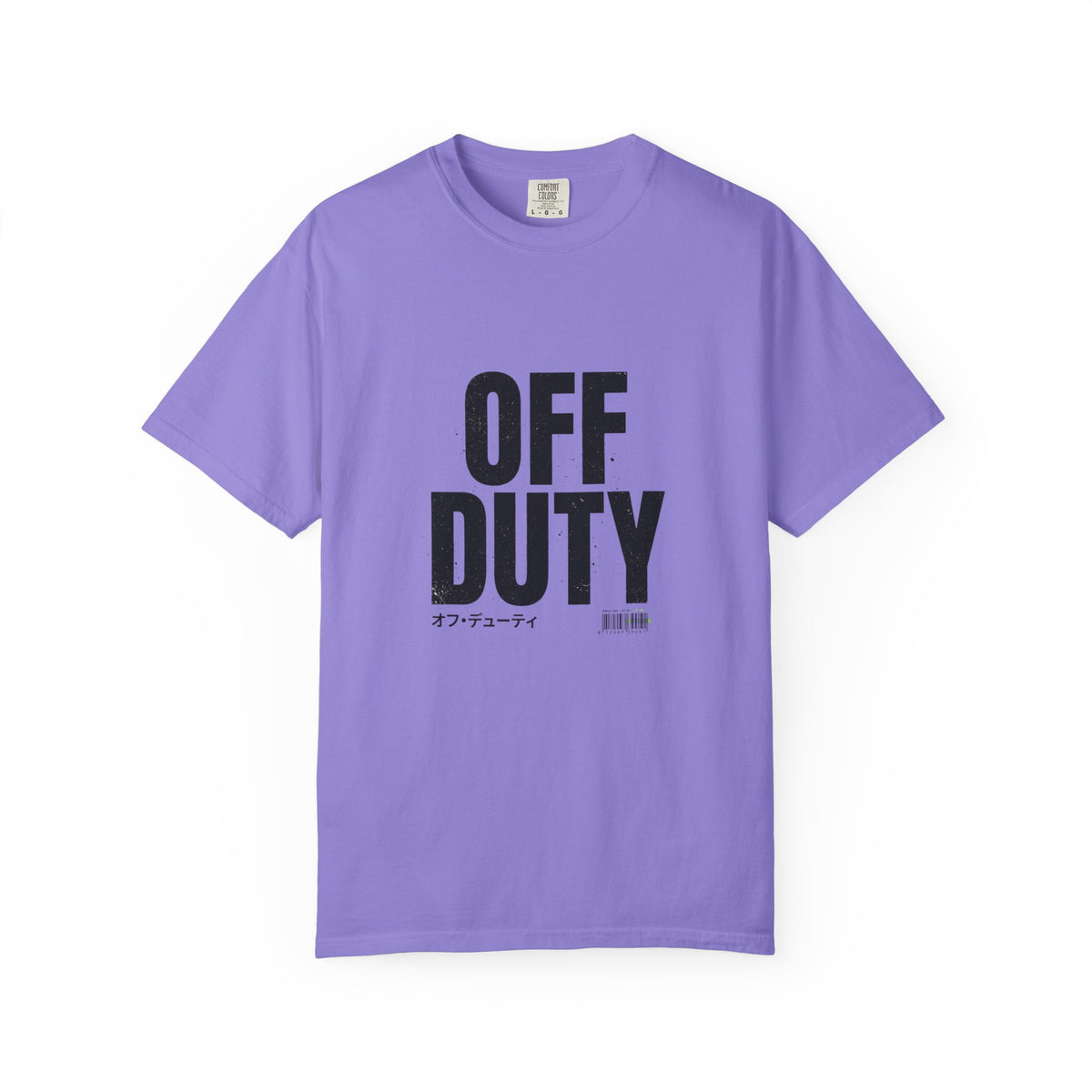 OFF DUTY Graphic T-Shirt, violet, flat lay front view showing the bold distressed OFF DUTY text print.