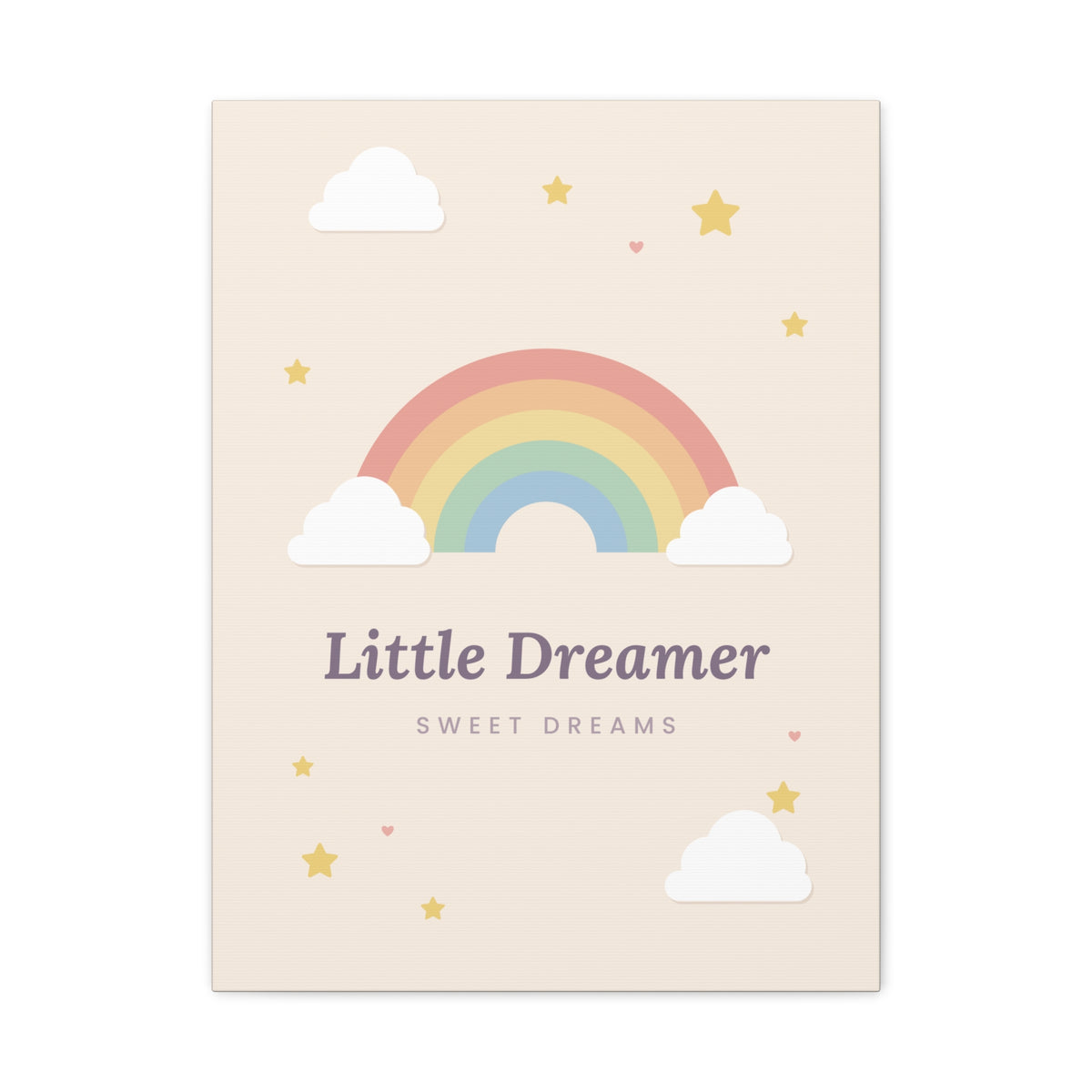 Canvas wall art with 'Little Dreamer' rainbow nursery design, 18x24 vertical, front view