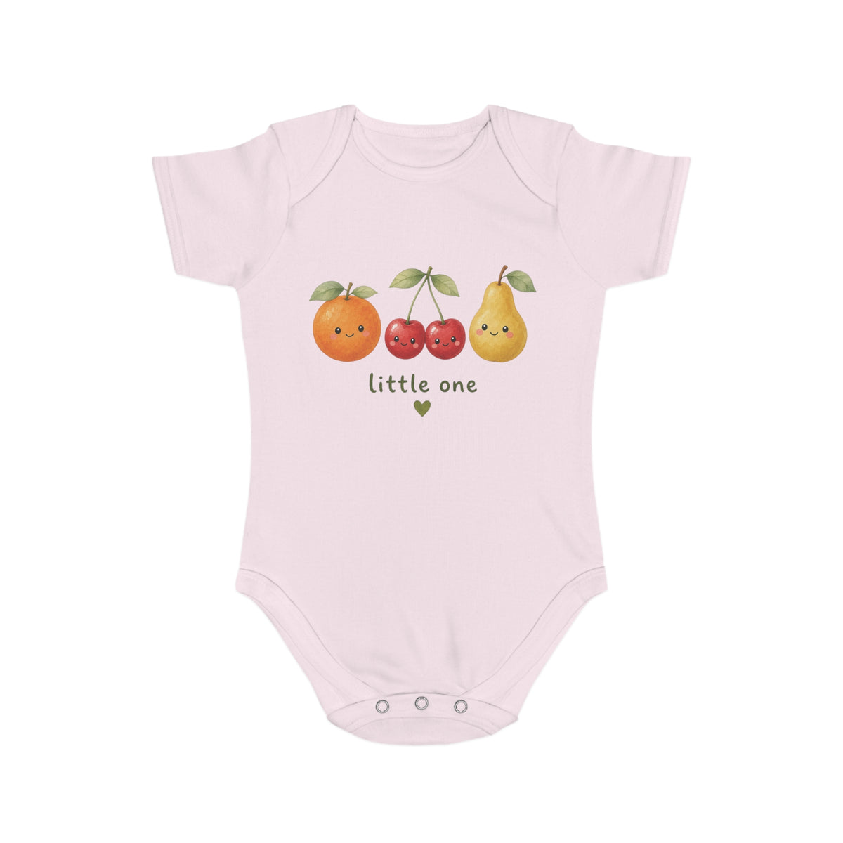 Baby Bodysuit - Cute Fruit 'little one' Infant Onesie, pale pink, front view showing the orange, cherry, and pear graphic with 'little one' text