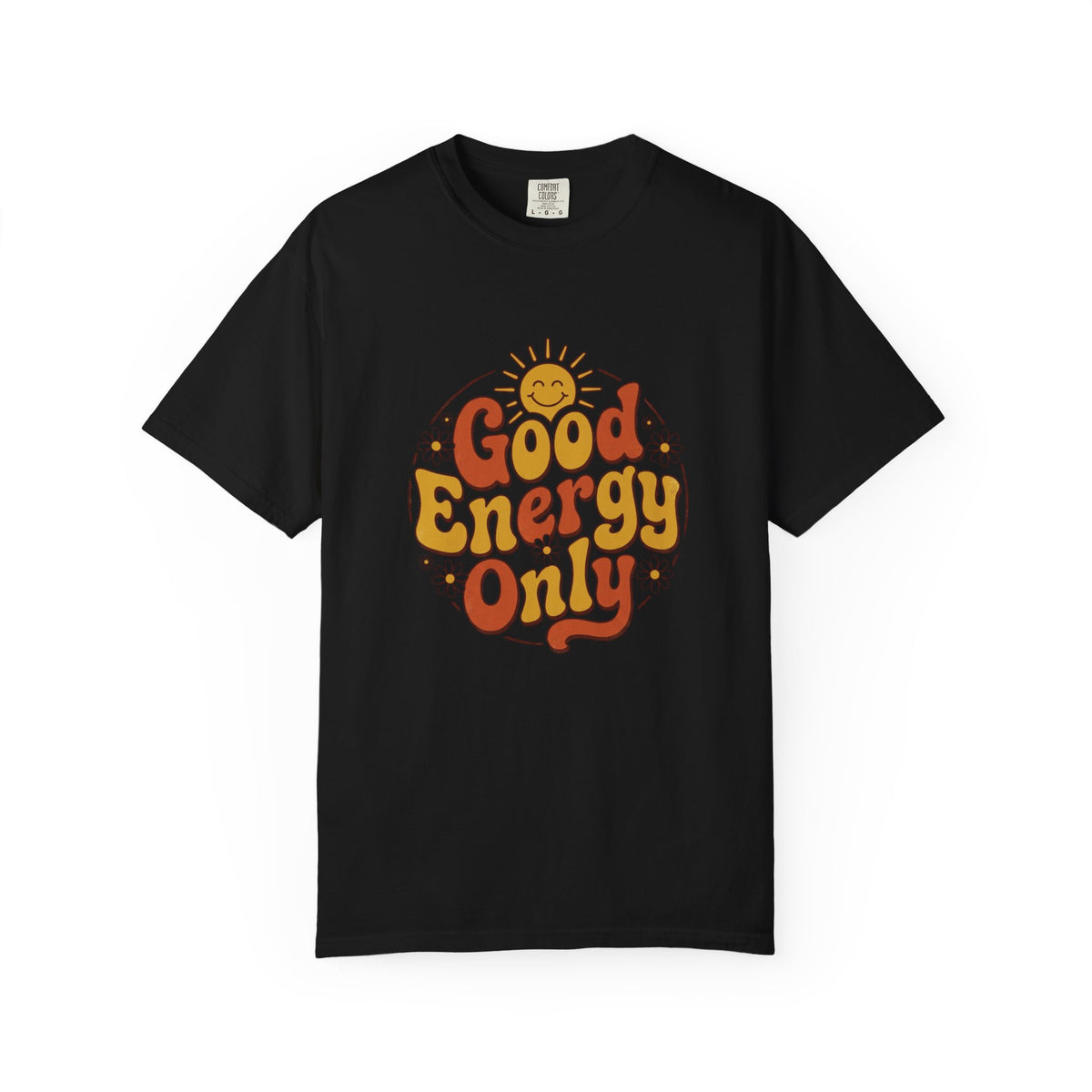 Good Energy Only T-shirt, black, front view showing the retro sun graphic and 'Good Energy Only' lettering on the chest.