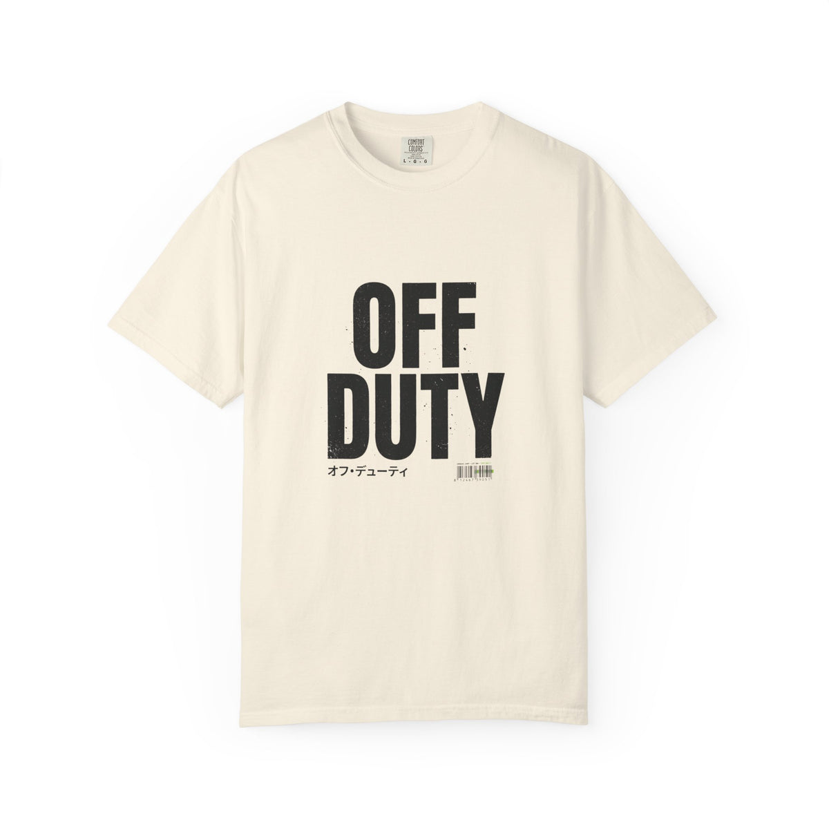 OFF DUTY Graphic T-Shirt, ivory, flat lay front view showing the bold distressed OFF DUTY text print.