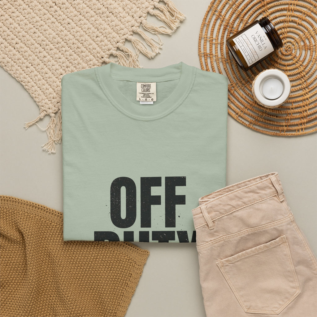 OFF DUTY Graphic T-Shirt, bay, styled flat lay with beige pants and a woven blanket for a casual off-duty look.