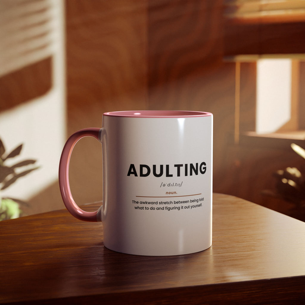 Adulting Definition Coffee Mug, Pink, front view product photo