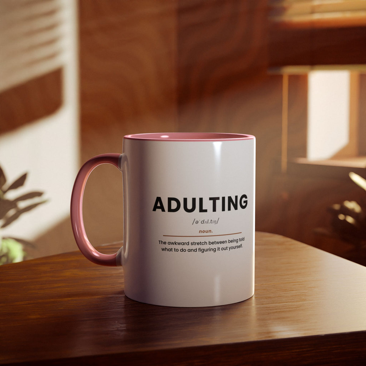 Adulting Definition Coffee Mug, Pink, front view product photo