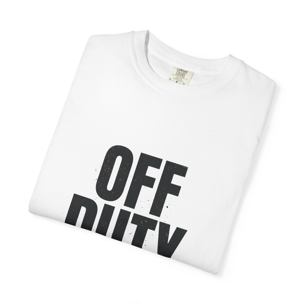 OFF DUTY Graphic T-Shirt, white, folded flat lay with the distressed OFF DUTY graphic across the chest.