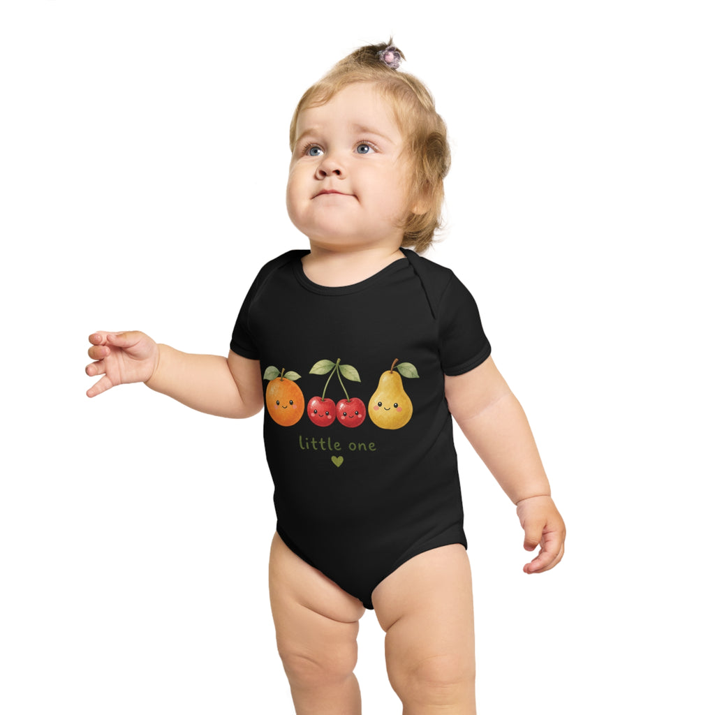 Baby Bodysuit - Cute Fruit 'little one' Infant Onesie, black, worn by a baby model