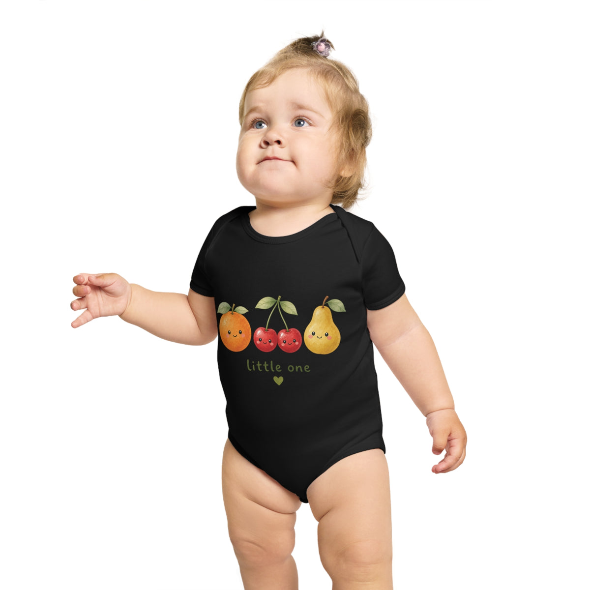 Baby Bodysuit - Cute Fruit 'little one' Infant Onesie, black, worn by a baby model
