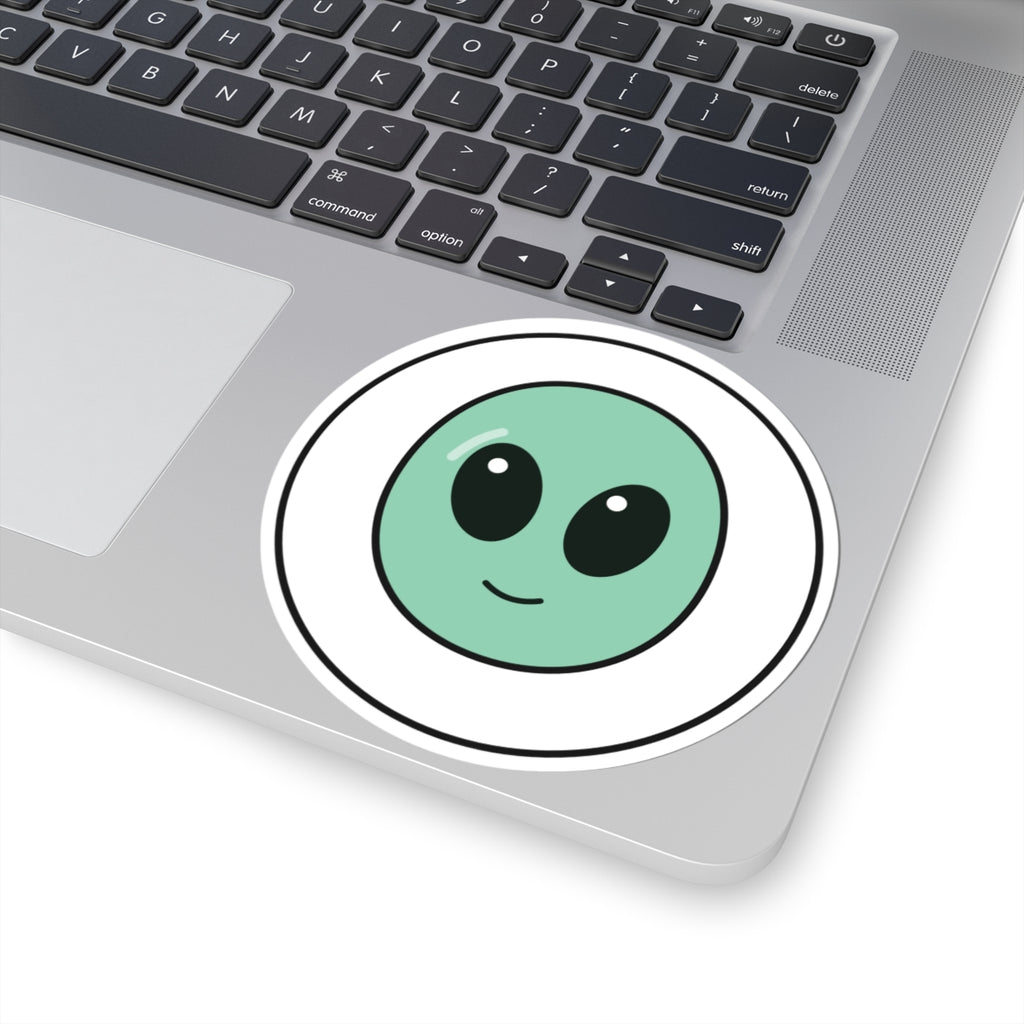 Cute Green Alien Kiss-Cut Sticker — Small Round Laptop Decal