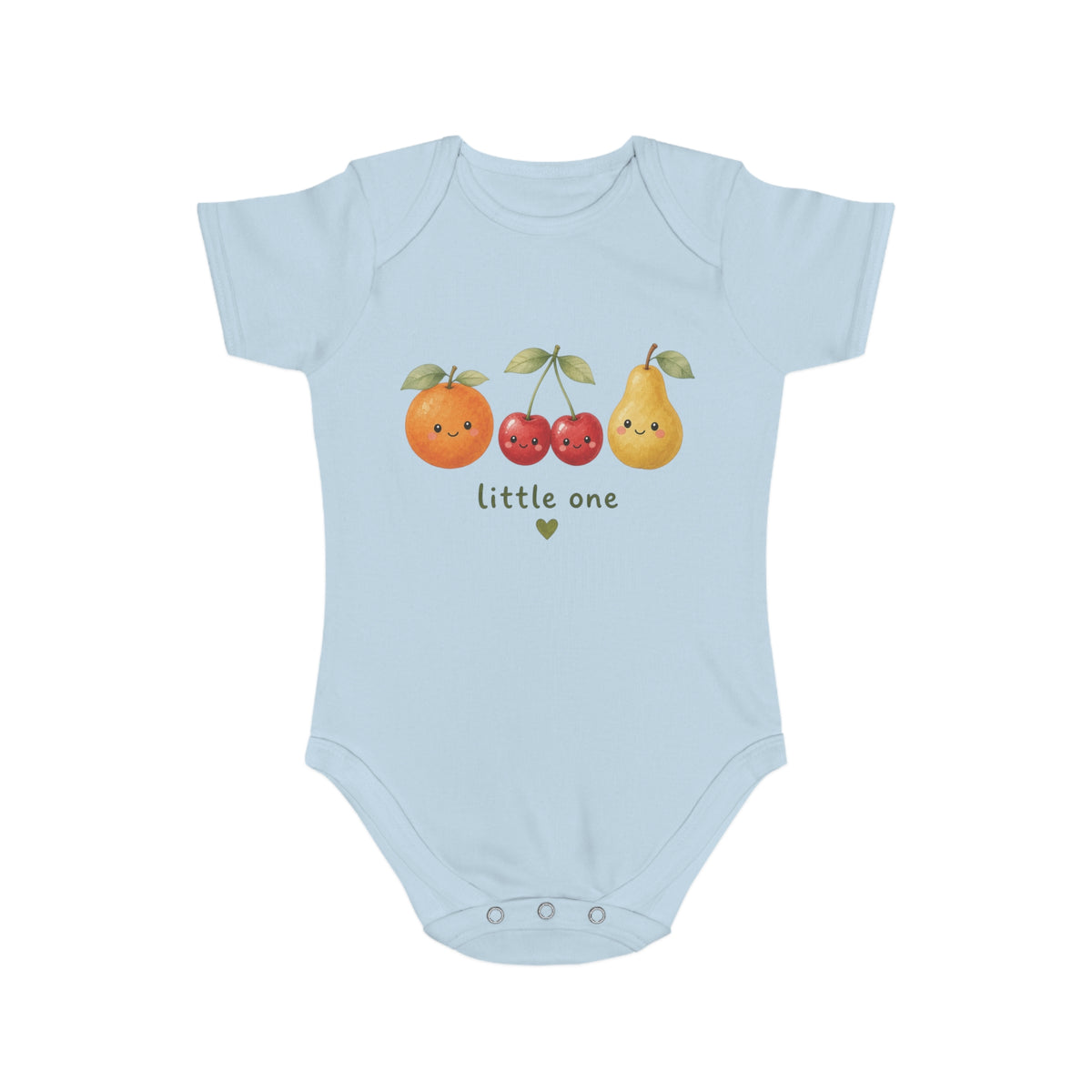 Baby Bodysuit - Cute Fruit 'little one' Infant Onesie, pale blue, front view showing the orange, cherry, and pear graphic with 'little one' text