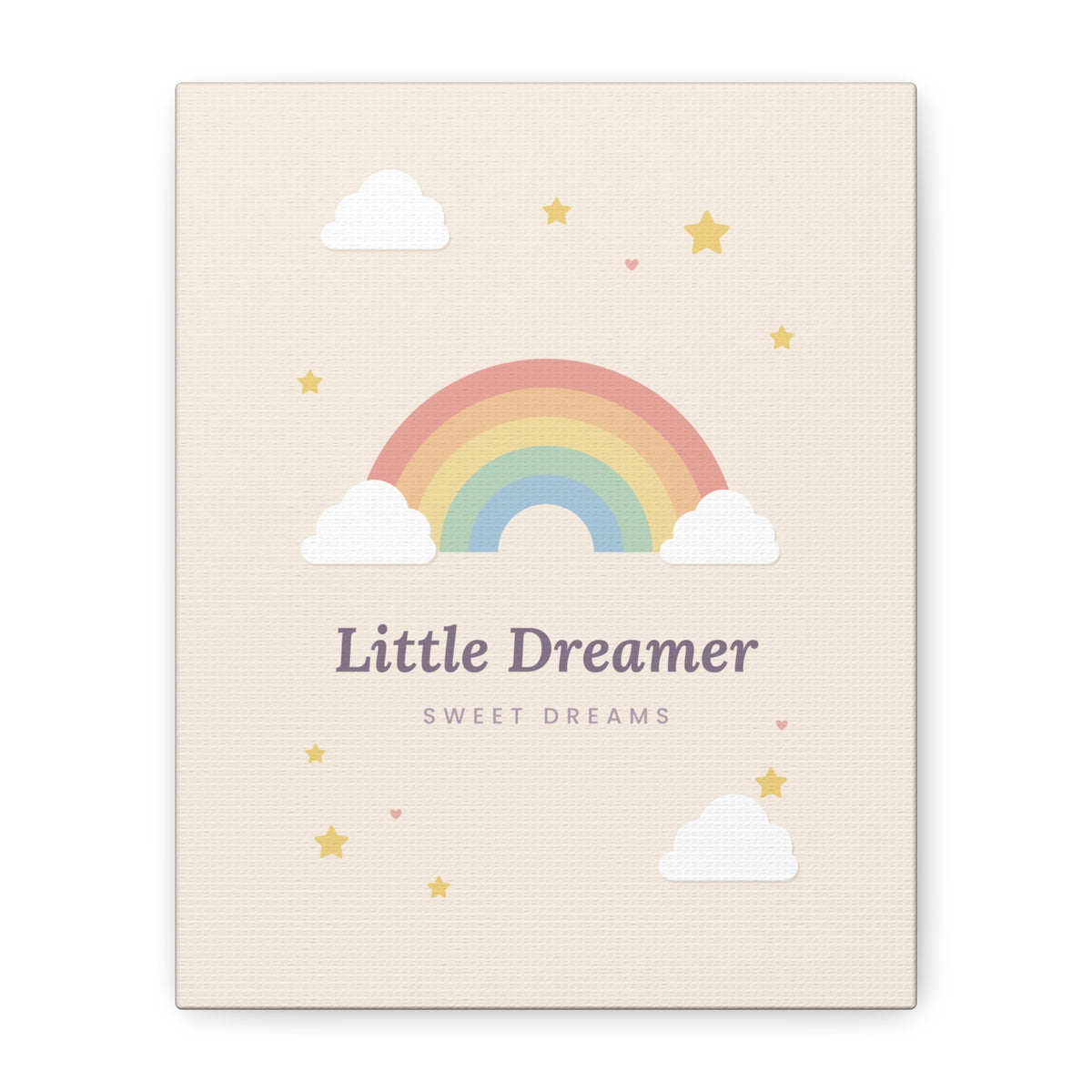Canvas wall art with 'Little Dreamer' rainbow nursery design, 8x10 vertical, front view
