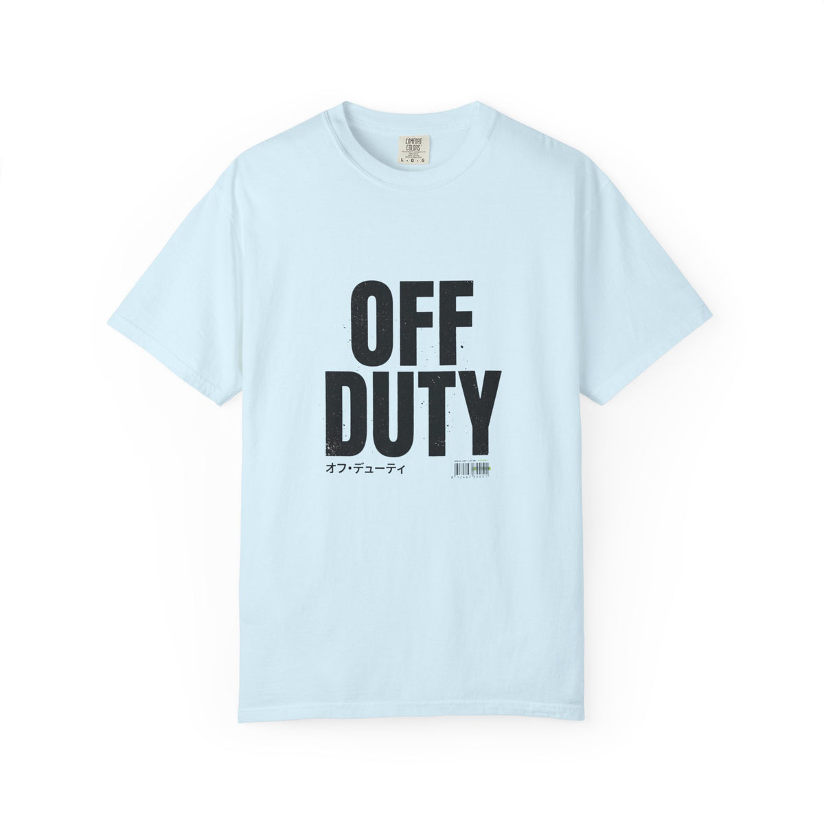 OFF DUTY Graphic T-Shirt, chambray, flat lay front view showing the bold distressed OFF DUTY text print.