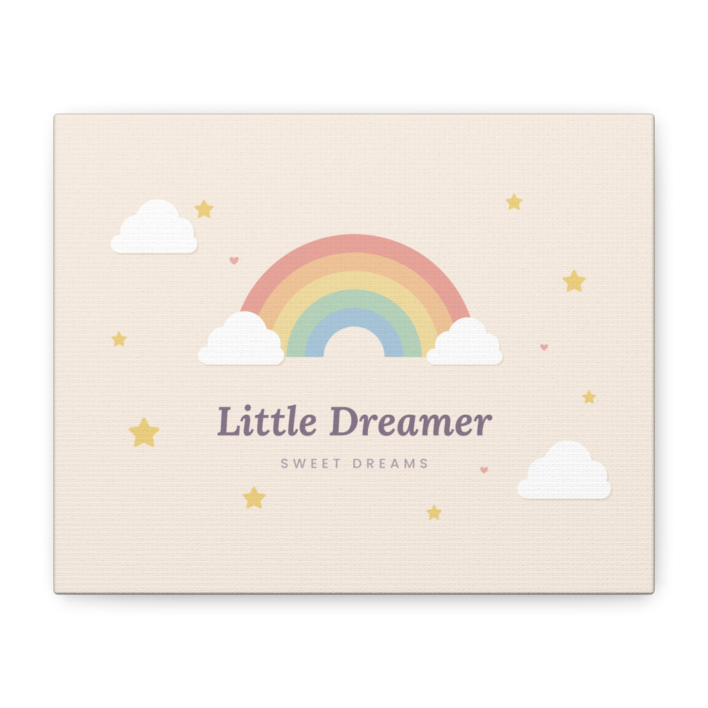 Canvas wall art with 'Little Dreamer' rainbow nursery design, 10x8 horizontal, front view