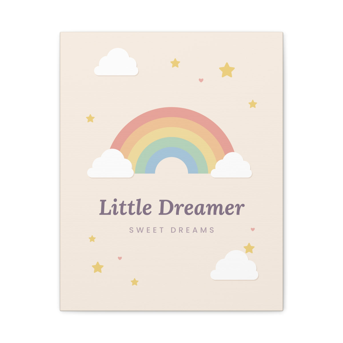 Canvas wall art with 'Little Dreamer' rainbow nursery design, 16x20 vertical, front view