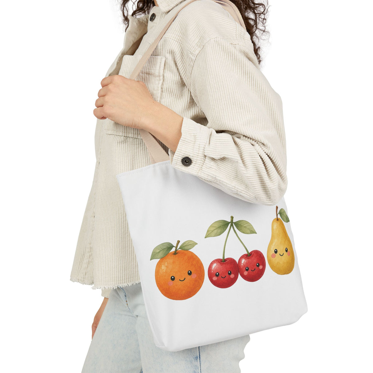 Cute Fruit Friends Canvas Tote Bag, beige, lifestyle photo, close-up