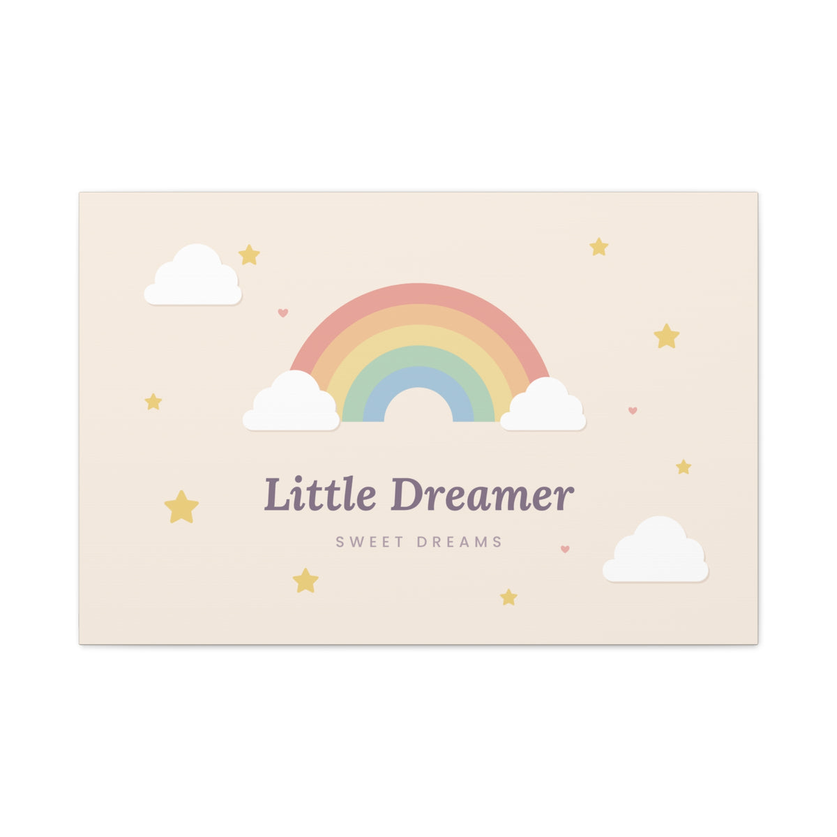 Canvas wall art with 'Little Dreamer' rainbow nursery design, 36x24 horizontal, front view