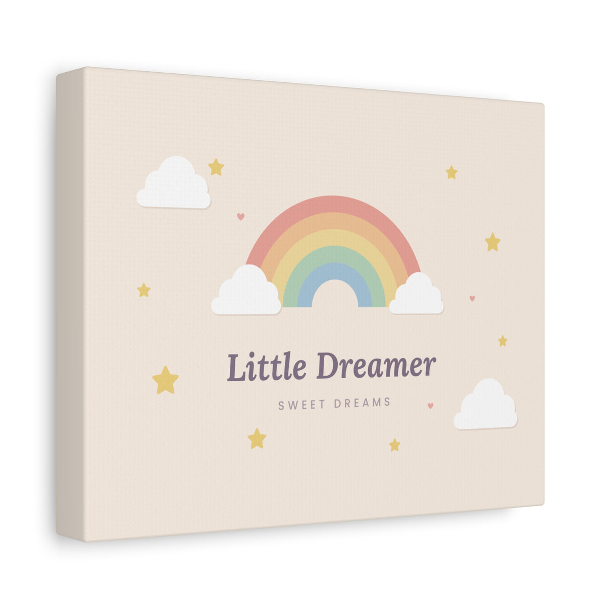 Canvas wall art with 'Little Dreamer' rainbow nursery design, 10x8 horizontal, angled view