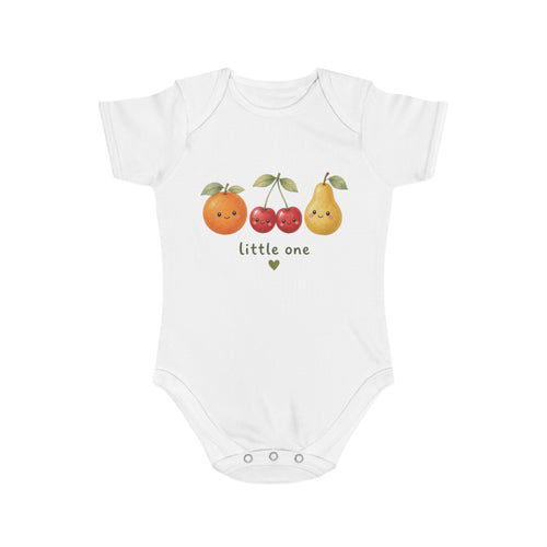 Baby Bodysuit - Cute Fruit 'little one' Infant Onesie, white, front view showing the orange, cherry, and pear graphic with 'little one' text