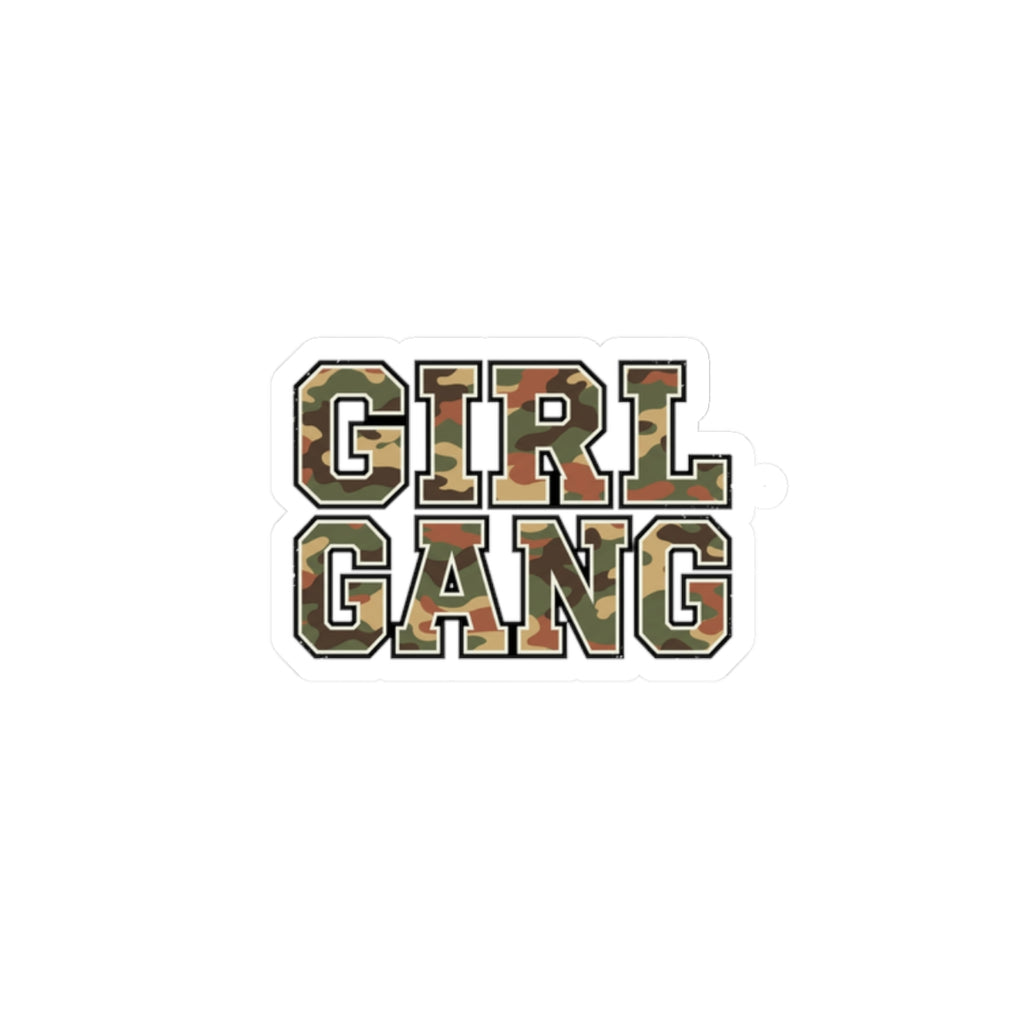 Camo Lettering GIRL GANG Sticker, 2 × 2, varsity-style camo decal on a white background