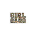 Camo Lettering GIRL GANG Sticker, 2 × 2, varsity-style camo decal on a white background