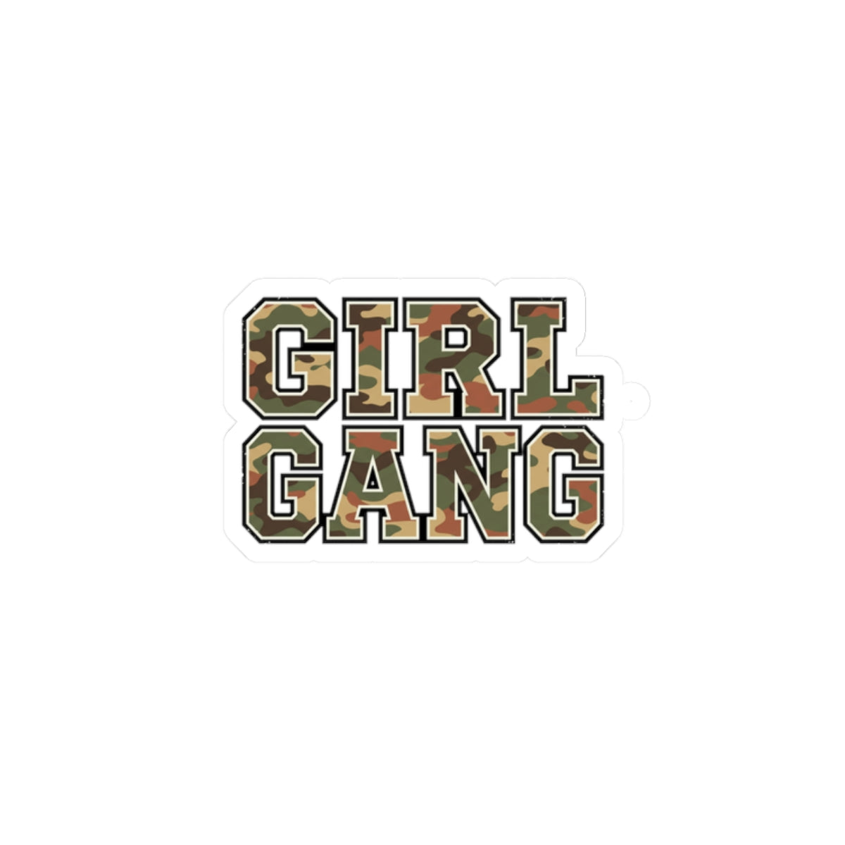 Camo Lettering GIRL GANG Sticker, 2 × 2, varsity-style camo decal on a white background