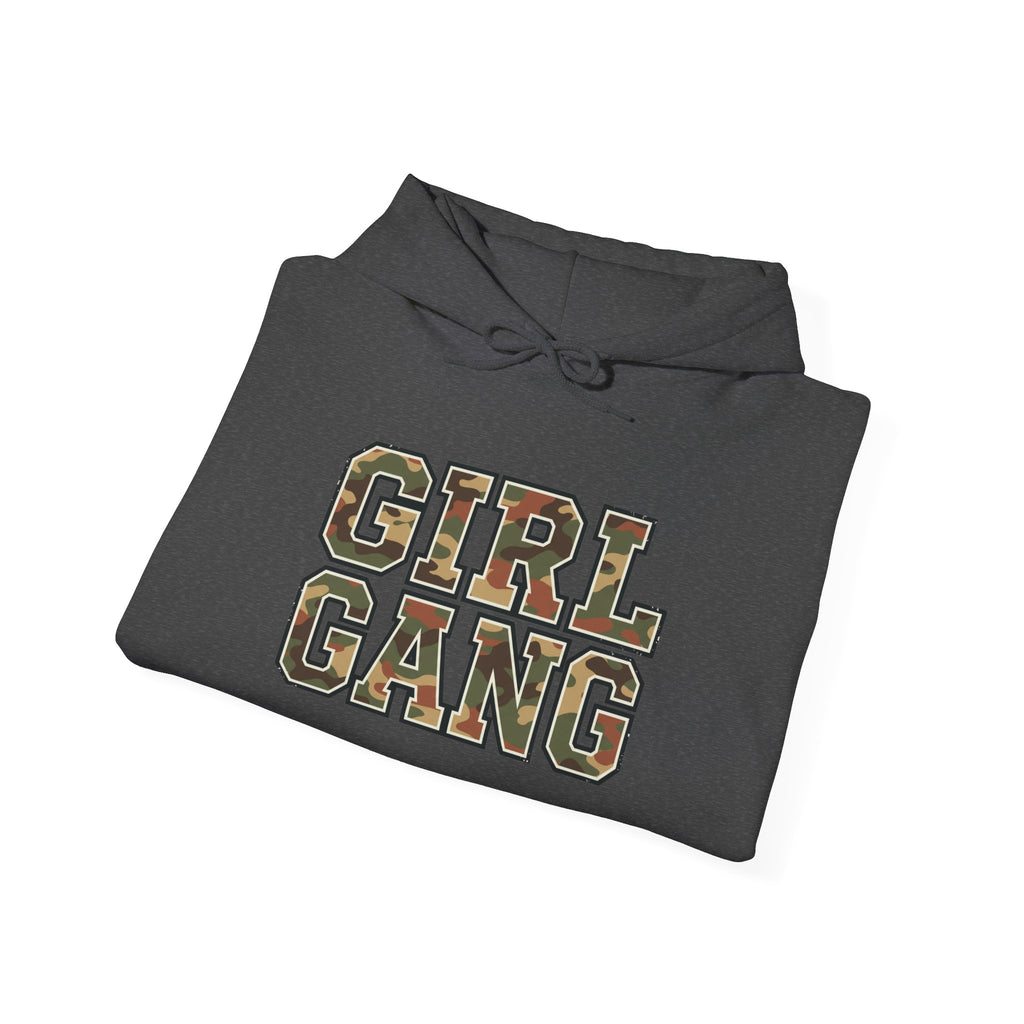 Camo Lettering Girl Gang Hoodie, Dark Heather, folded hoodie with camo lettering design