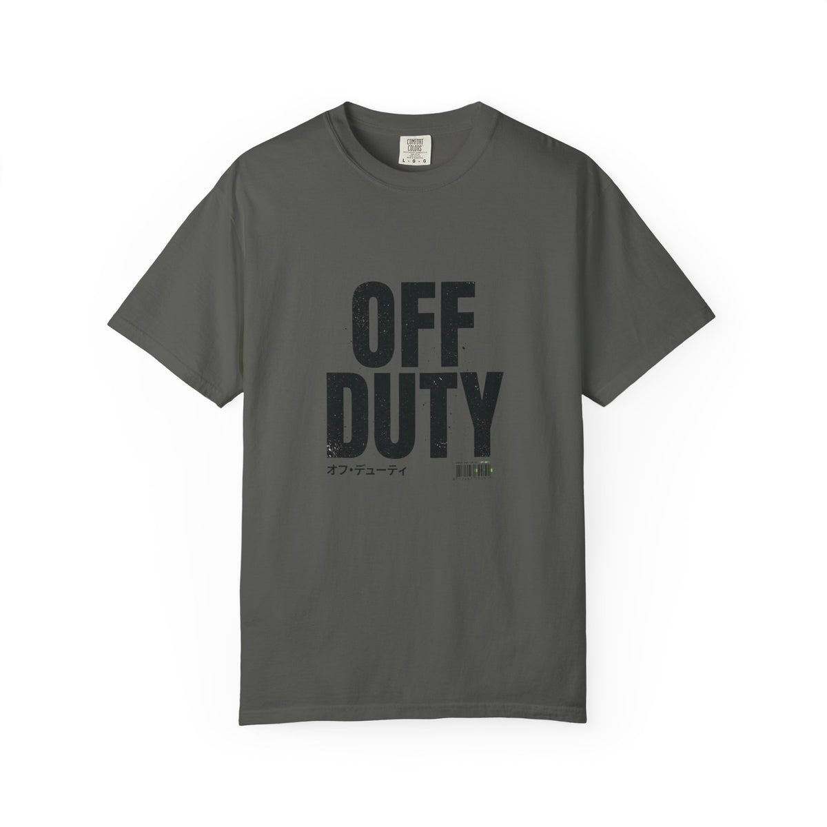 OFF DUTY Graphic T-Shirt, pepper, flat lay front view showing the bold distressed OFF DUTY text print.