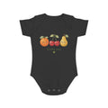 Baby Bodysuit - Cute Fruit 'little one' Infant Onesie, black, front view showing the orange, cherry, and pear graphic with 'little one' text