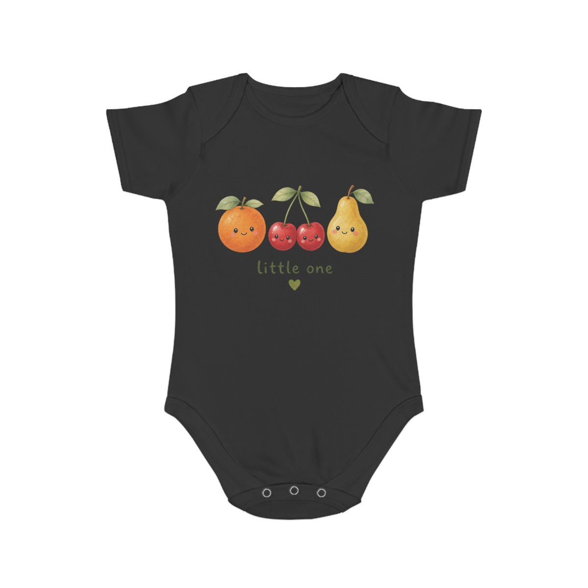 Baby Bodysuit - Cute Fruit 'little one' Infant Onesie, black, front view showing the orange, cherry, and pear graphic with 'little one' text