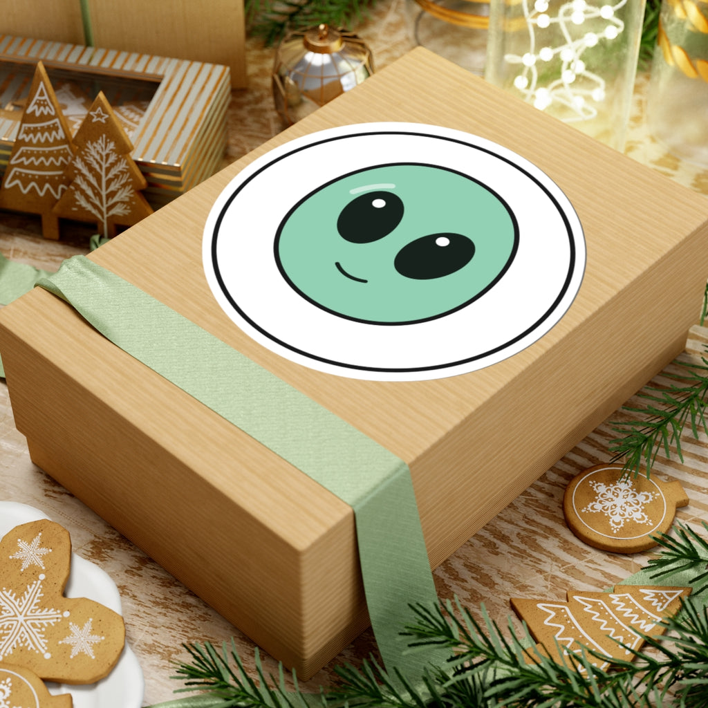Cute Green Alien Kiss-Cut Sticker — Small Round Laptop Decal