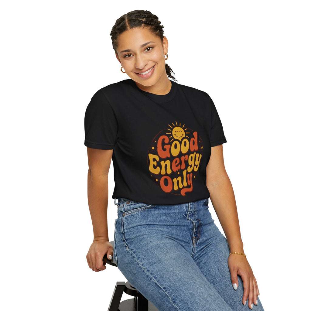 Good Energy Only T-shirt, black, worn by a model in a seated studio portrait.