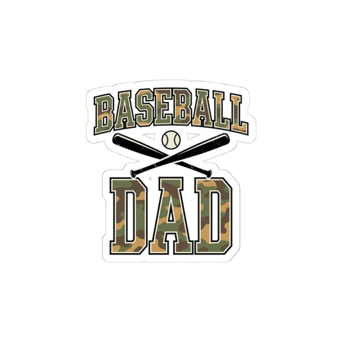 Baseball Dad Camo Lettering Sticker, 4 × 4, camo lettering kiss-cut vinyl decal on a white background
