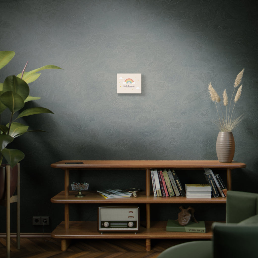 Canvas wall art with 'Little Dreamer' rainbow nursery design, 10x8 horizontal, room mockup 3
