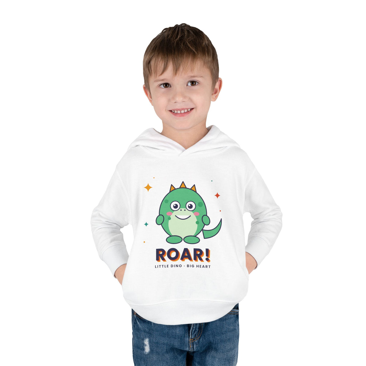 Toddler Hoodie - Cute Green Dinosaur ROAR! Pullover for Babies & Toddlers, White, back view product photo