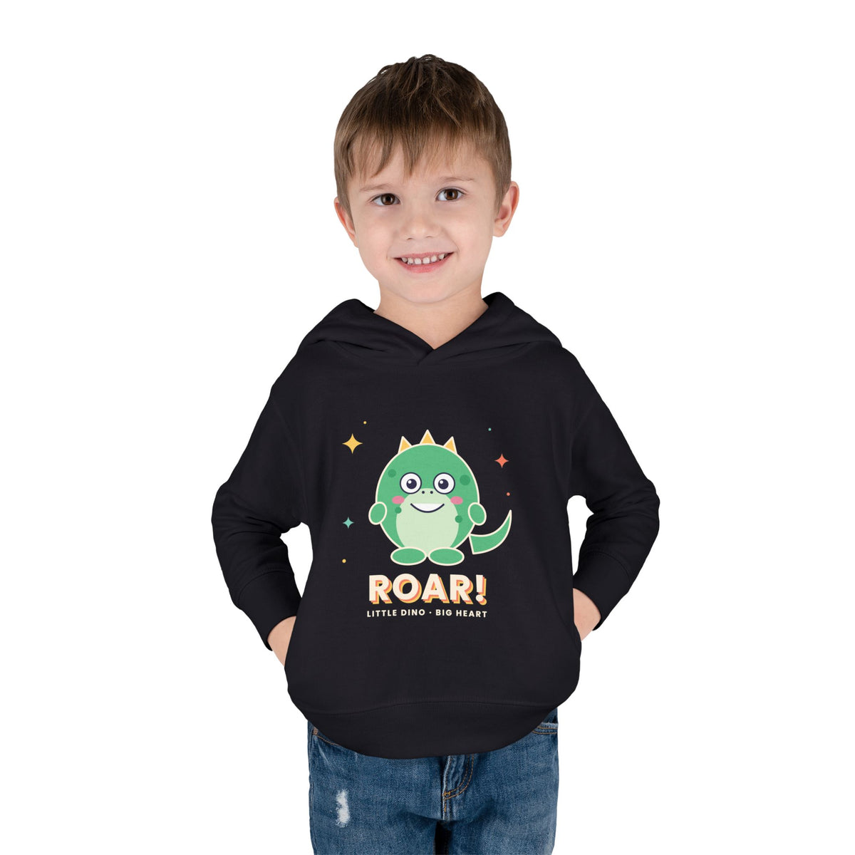 Toddler Hoodie - Cute Green Dinosaur ROAR! Pullover for Babies & Toddlers, Black, back view product photo