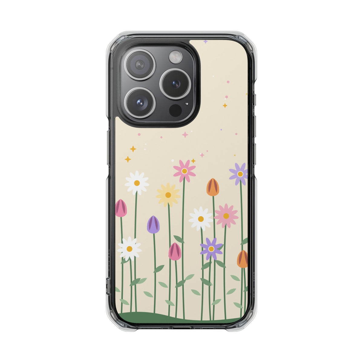 Magnetic phone case with pastel wildflower garden design, product photo 2
