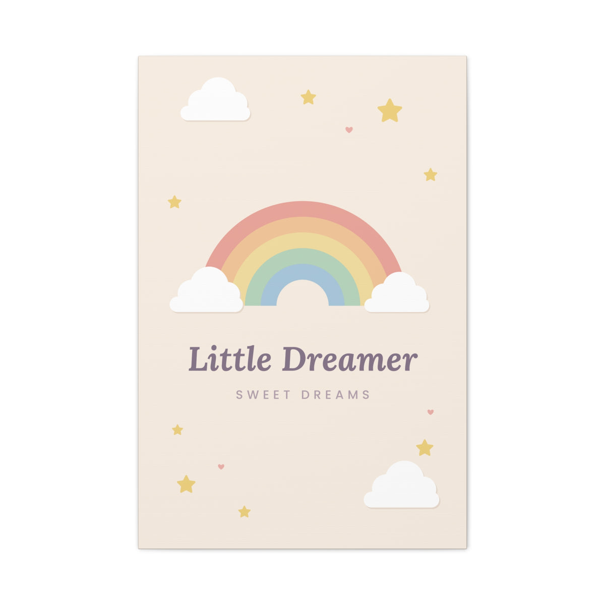 Canvas wall art with 'Little Dreamer' rainbow nursery design, 24x36 vertical, front view