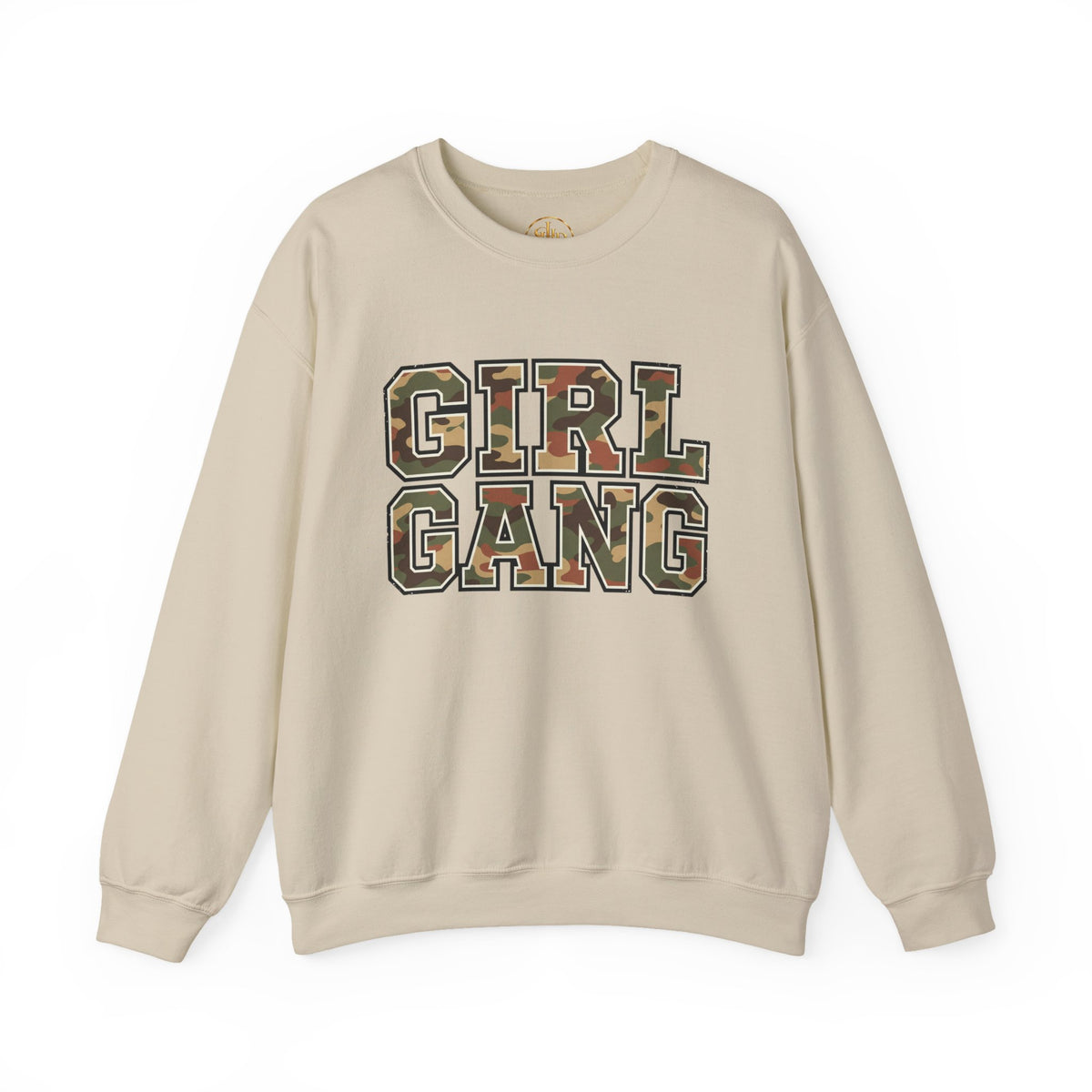 Girl Gang Camo Lettering Sweatshirt | Camouflage Collegiate Crewneck