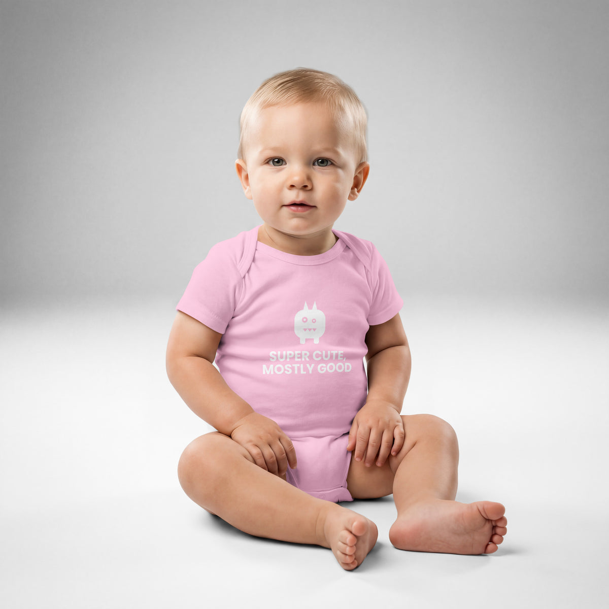 Super Cute, Mostly Good - Baby Jersey Bodysuit, Pink, front view