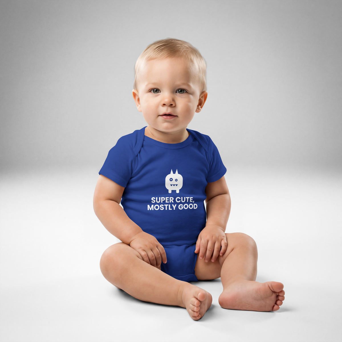 Super Cute, Mostly Good - Baby Jersey Bodysuit, Royal, front view