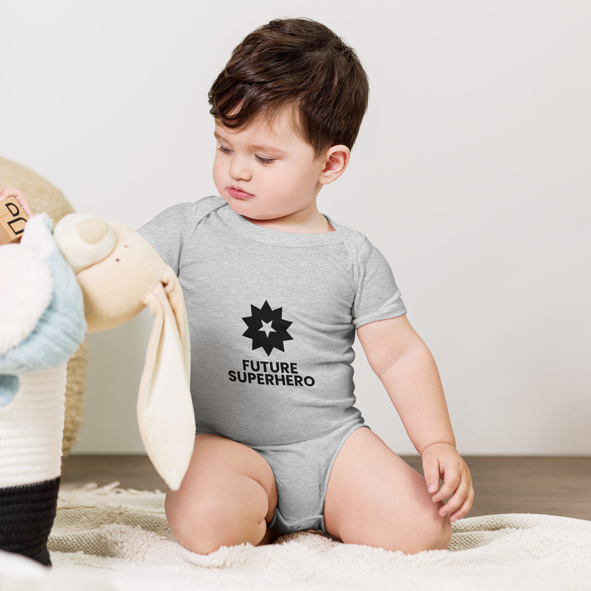 Future Superhero - Baby Short Sleeve One Piece, Athletic Heather, front view