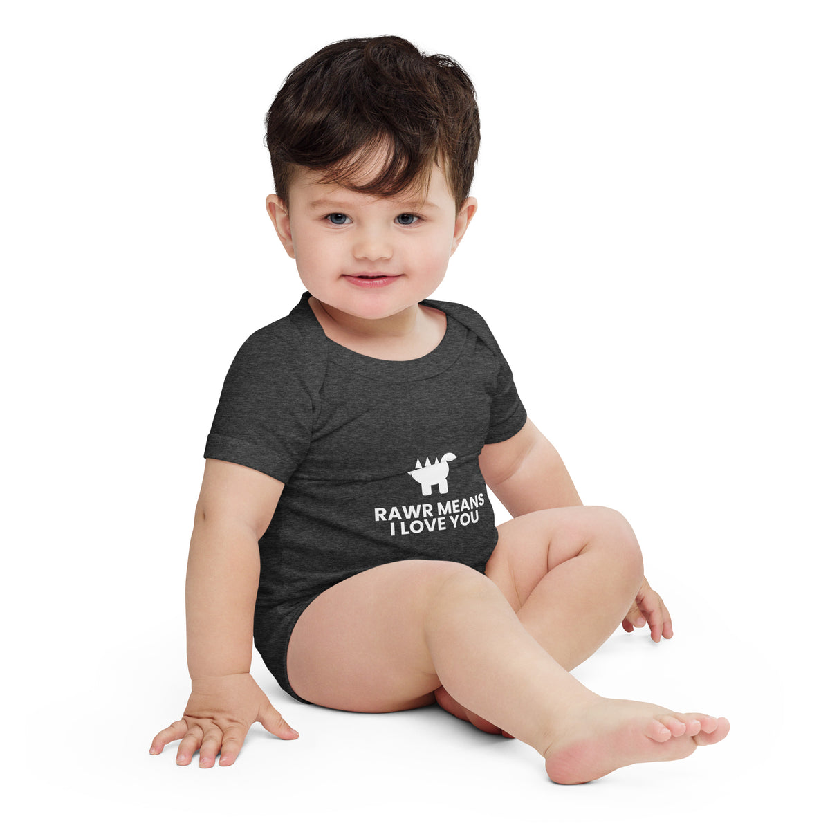 RAWR Means I Love You - Baby Short Sleeve One Piece, Dark Grey Heather, front view