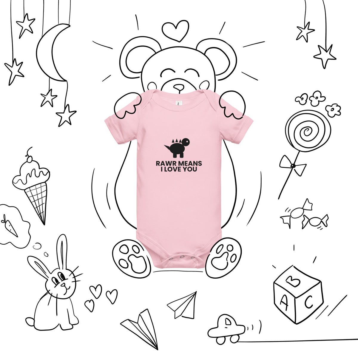 RAWR Means I Love You - Baby Short Sleeve One Piece, Pink, front view