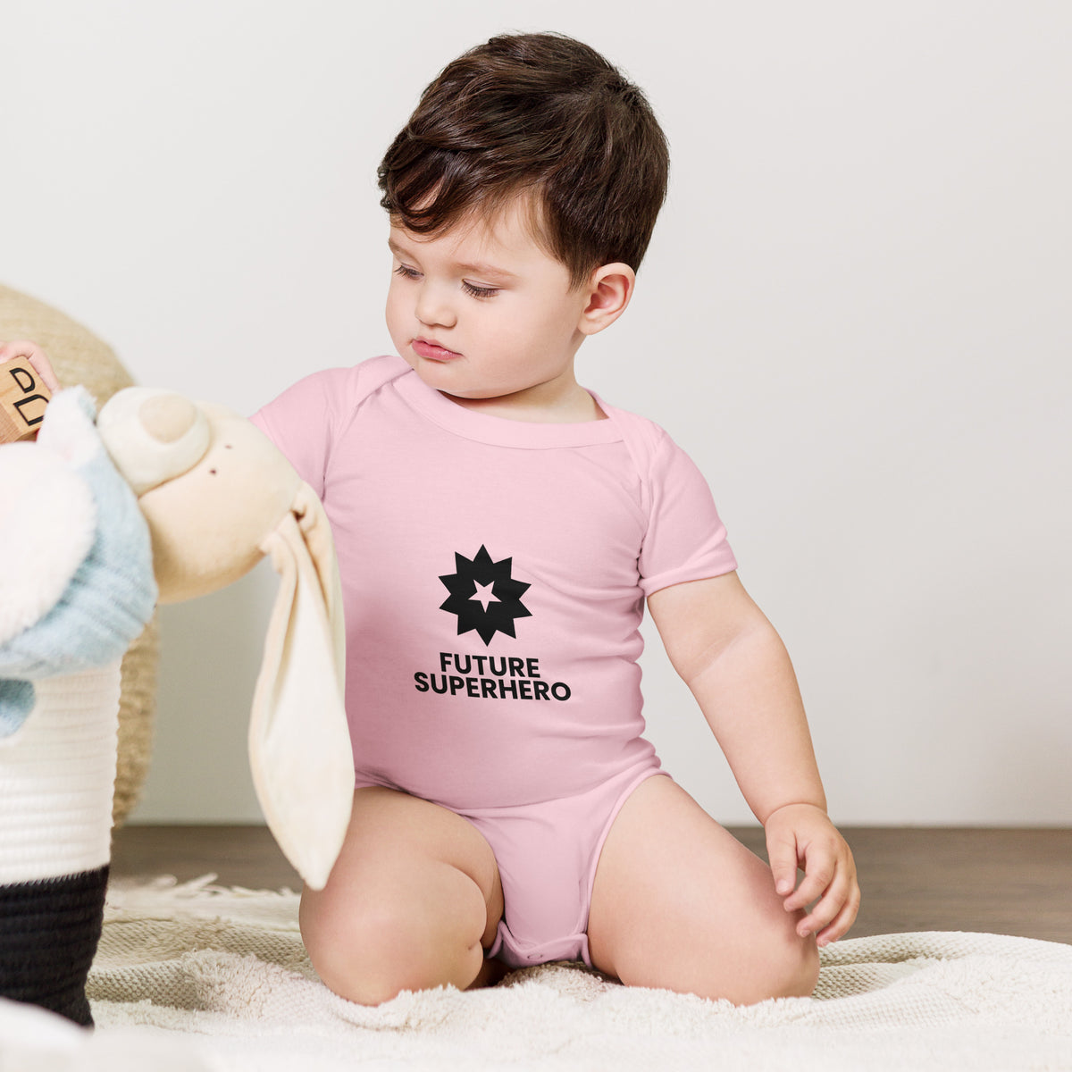 Future Superhero - Baby Short Sleeve One Piece, Pink, front view
