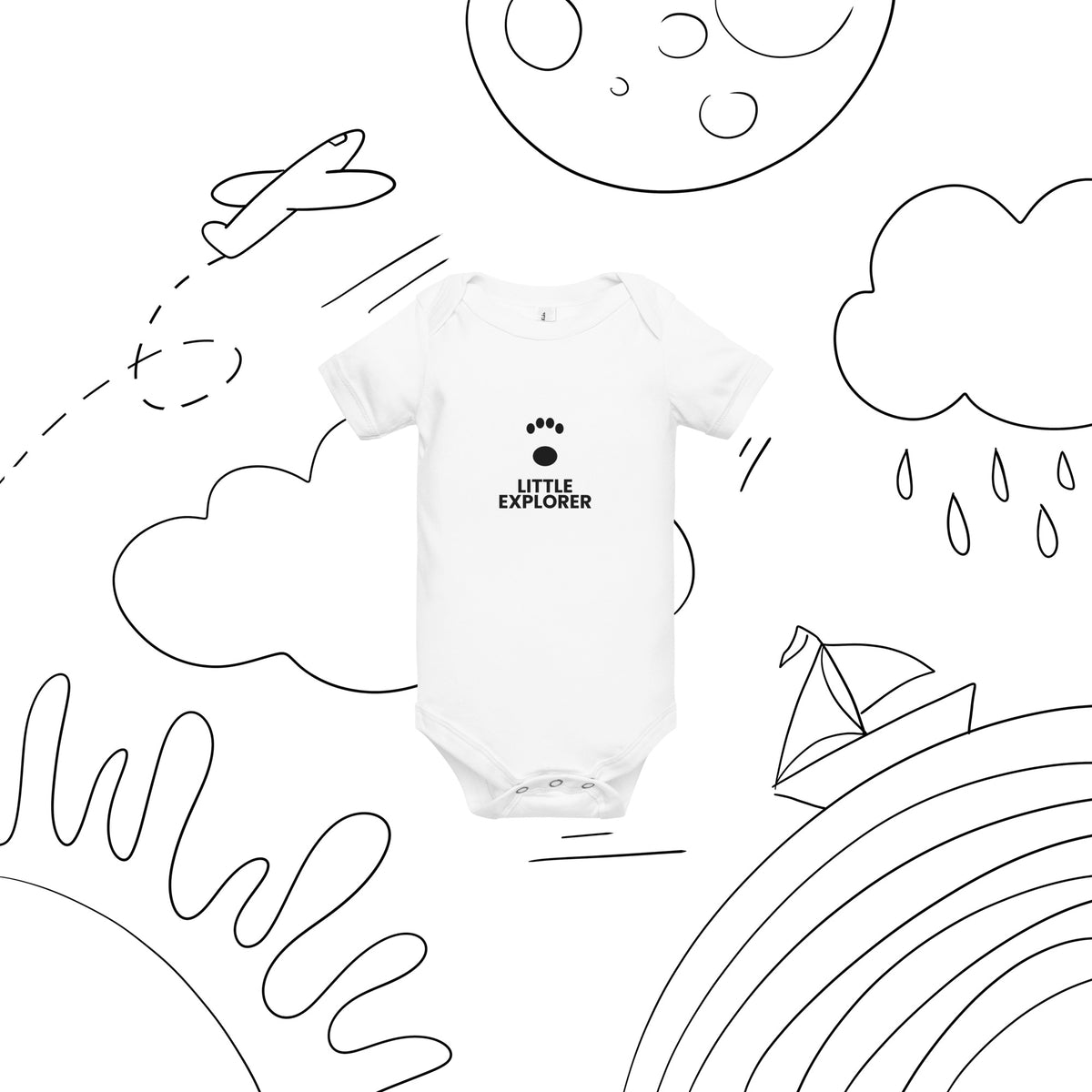 Little Explorer - Baby Short Sleeve One Piece, White, front view