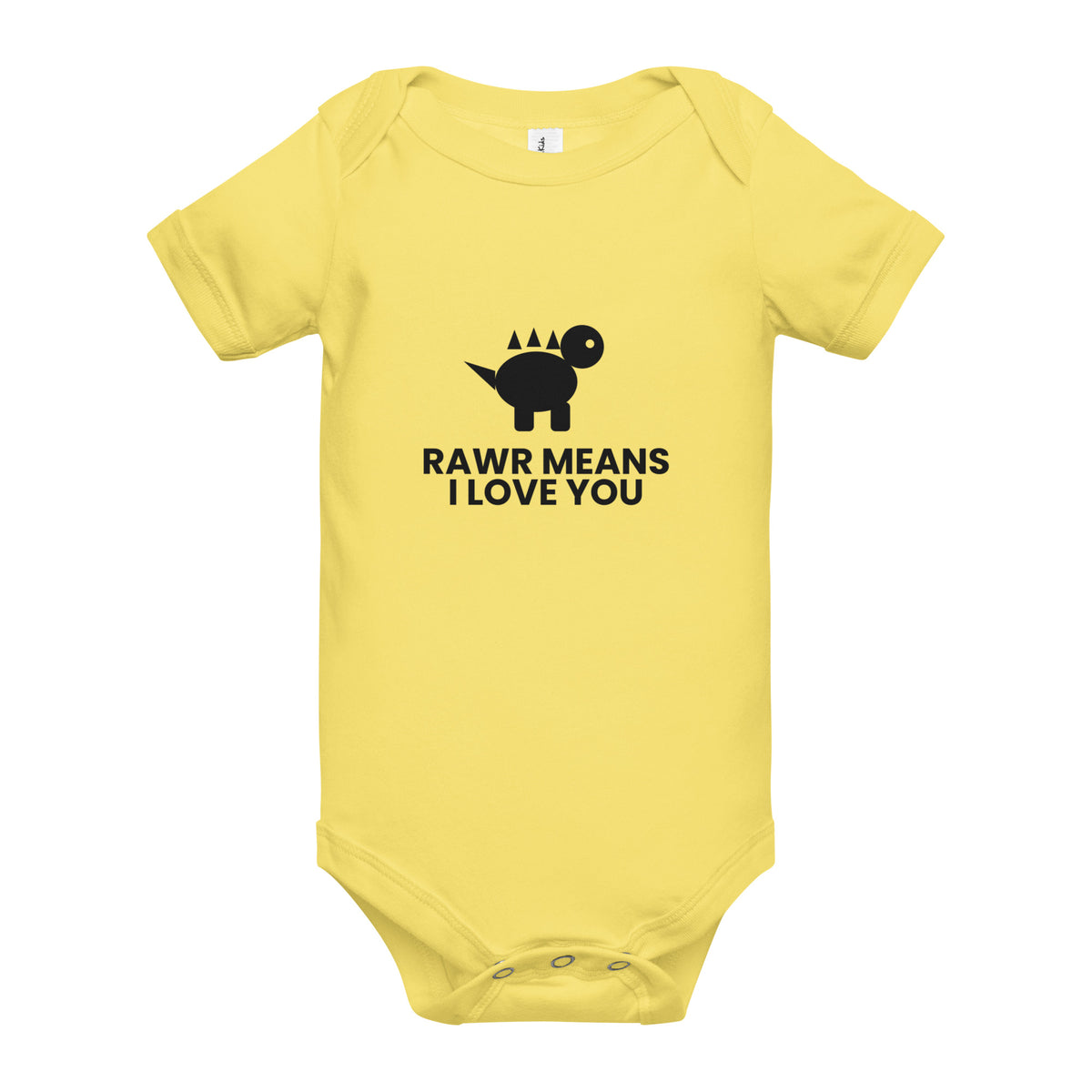 RAWR Means I Love You - Baby Short Sleeve One Piece, Yellow, front view