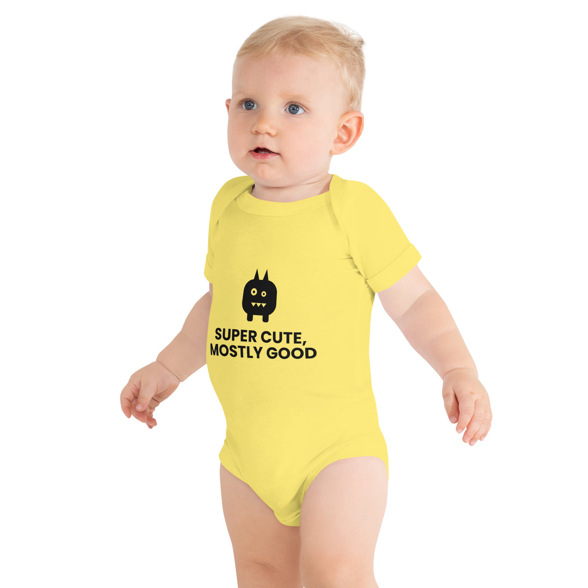 Super Cute, Mostly Good - Baby Short Sleeve One Piece, Yellow, front view