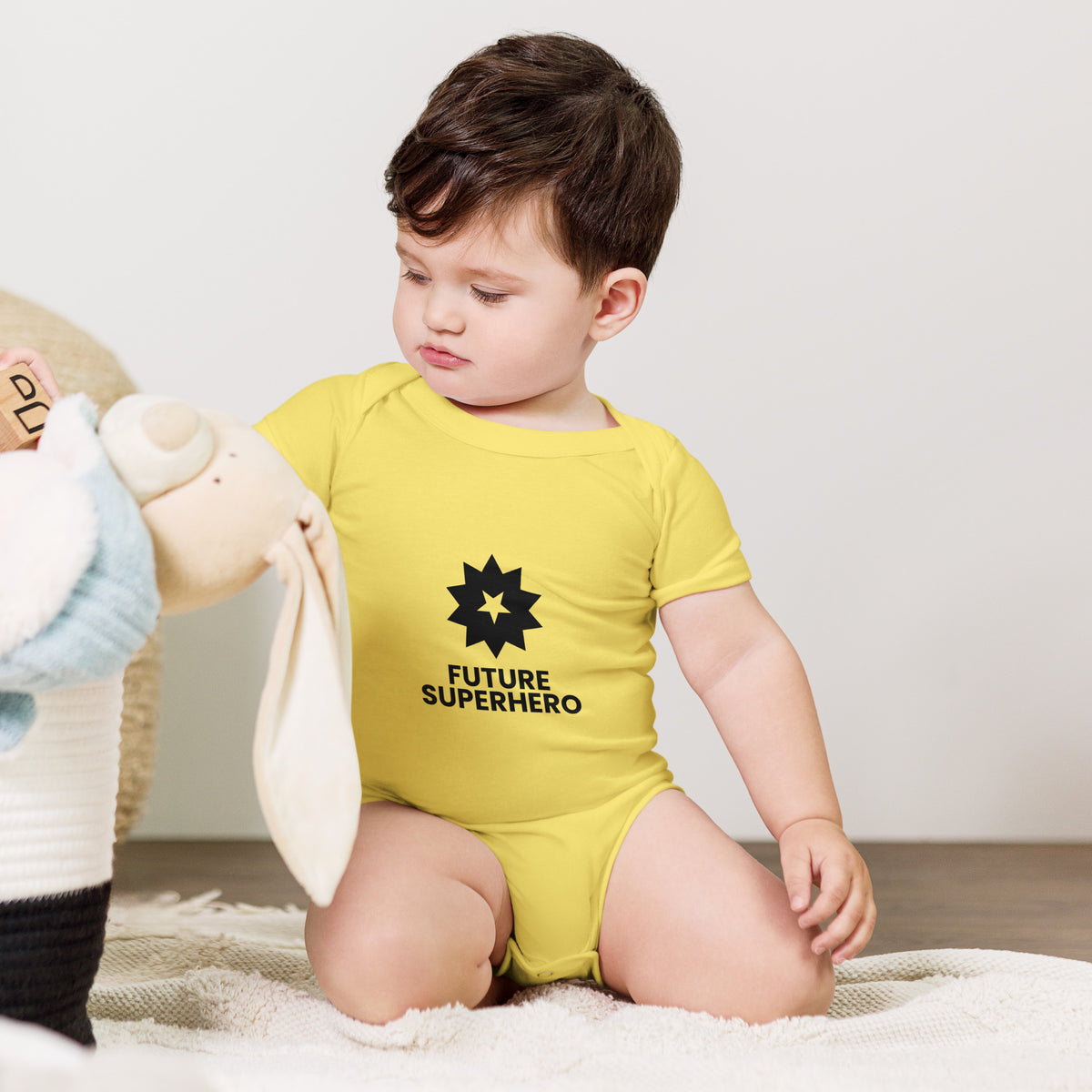 Future Superhero - Baby Short Sleeve One Piece, Yellow, front view